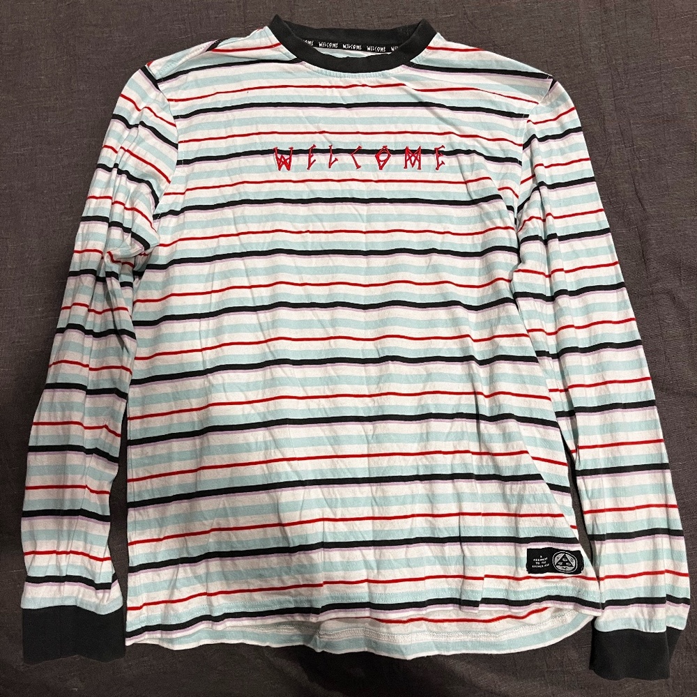 Welcome Surf Stripe Teal & White Long Sleeve T-shirt Men's